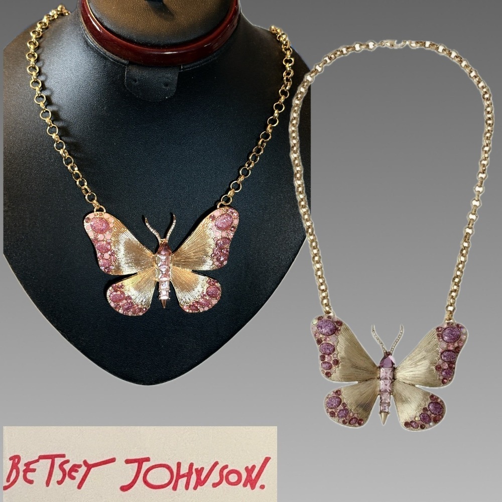 Betsey Johnson Pink Purple Crystal Textured Gold Butterfly Statement Necklace